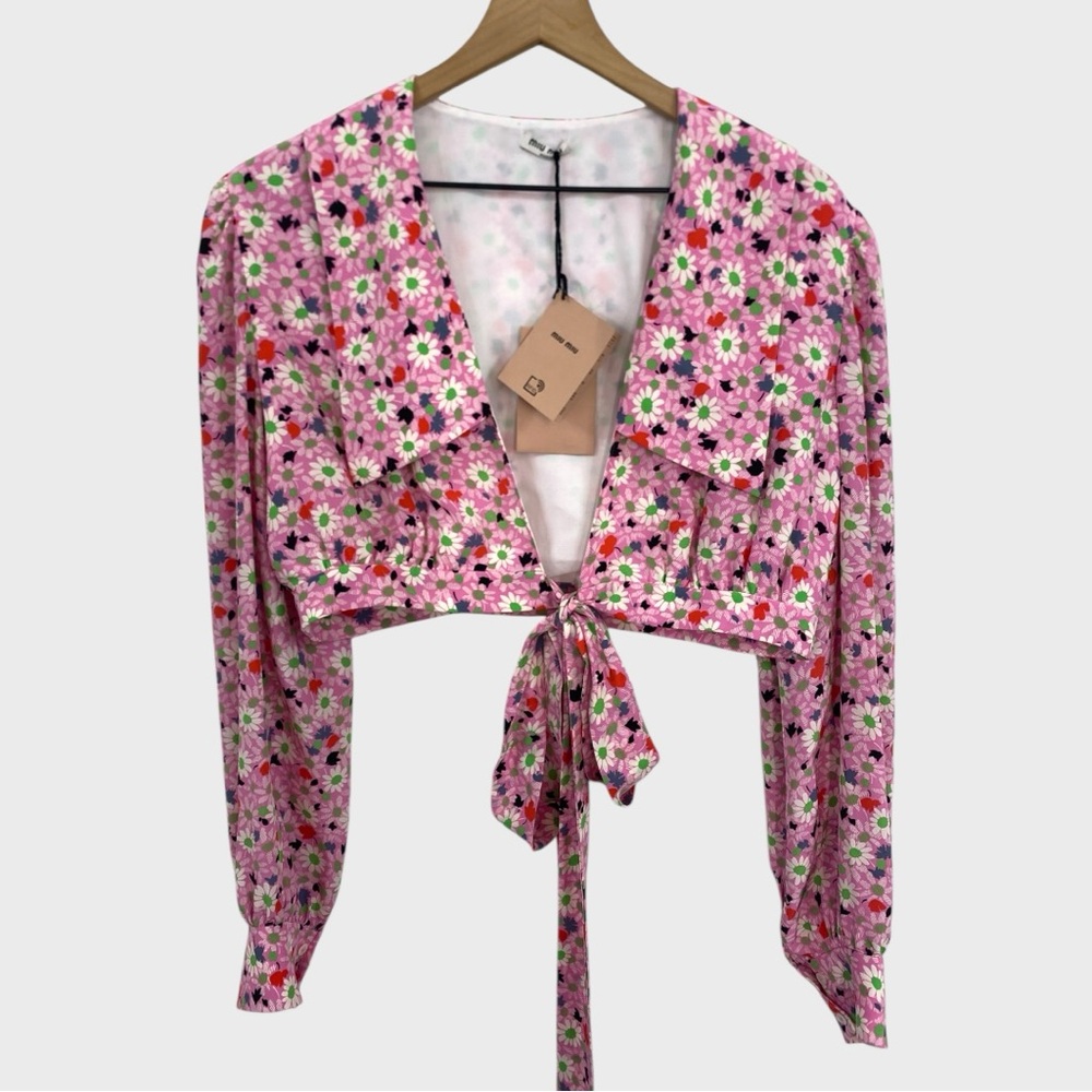 Miu Miu NWT Pink White Green Retro Floral Cropped Blouse Tie Waist Size 42